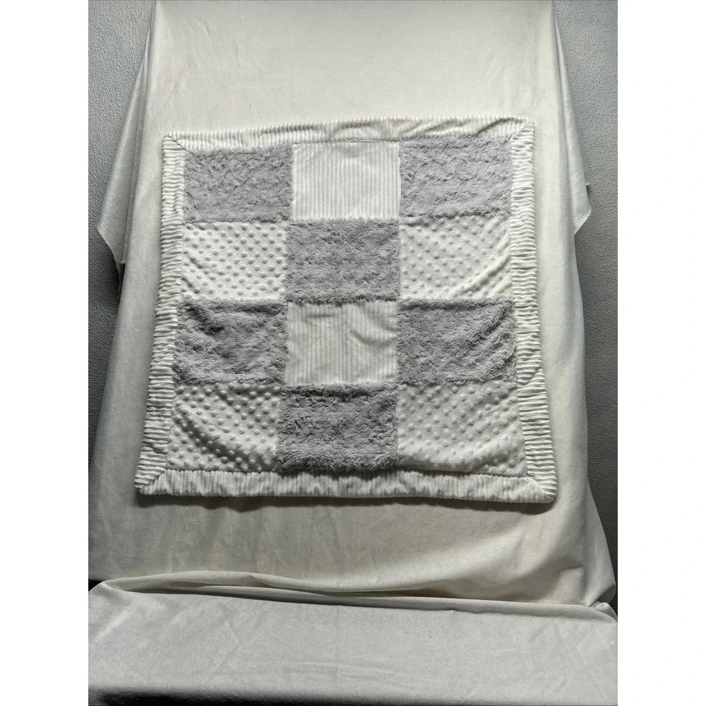 Kyle & Deena Baby Blanket Grey White Patchwork Minky Sherpa Lovey Security